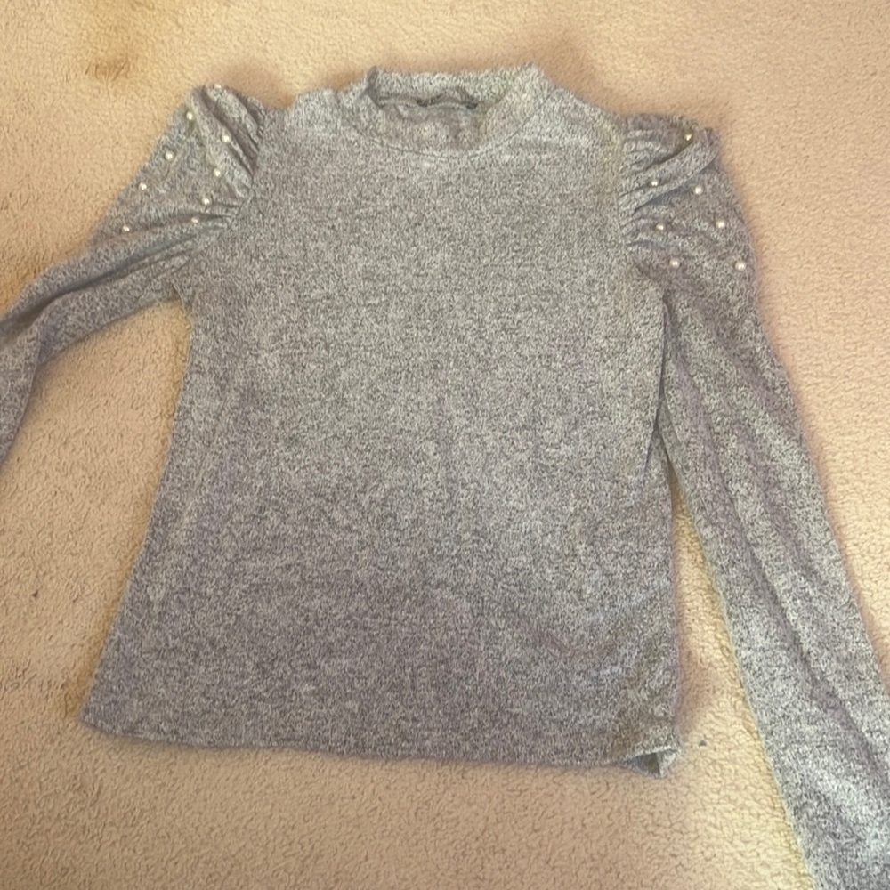 Long Sleeve Ruffled Shoulder Top with Pearls